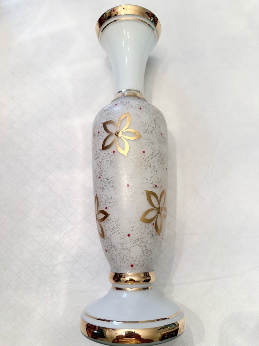 White opaline/milk glass gilded (gold) flower speckled gold stippling red dots